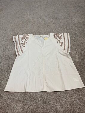 Jodifl Cream Embroidered Flutter Sleeve Blouse with Brown Floral Accents